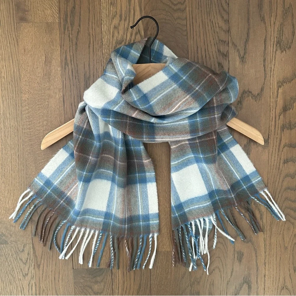 Lochmere Plaid Tartan Cashmere Oblong Fringe Scarf Muted Blue Dress Stewart 55